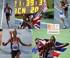 puzzel Mo Farah kampioen 10000 m, Chris Thompson en Daniele Meucci (2e en 3e) van het Europees Kampioenschap Atletiek 2010 in Barcelona