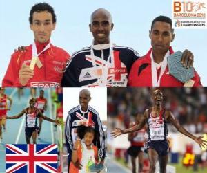 puzzel Mo Farah kampioen 5000m, Jezus Spanje en Hayle Ibrahimov (2e en 3e) van het Europees Kampioenschap Atletiek 2010 in Barcelona