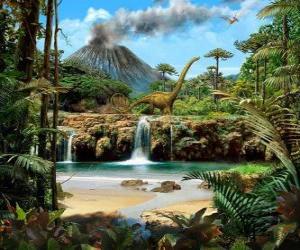 puzzel Mooi landschap met dinosaurussen