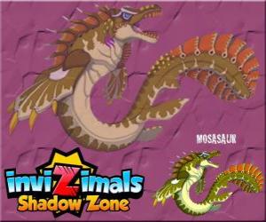 puzzel Mosasaur. Invizimals Shadow Zone. Authentieke zeemonster met krachtige vinnen en sterke kaken