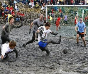 puzzel Mud Olympische Spelen, of Wattolumpiad, strijden in de moerassen van de rivier de Elbe