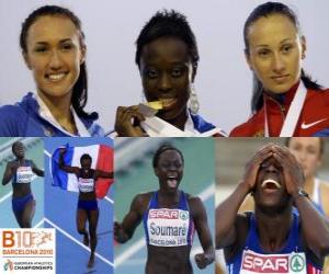 puzzel Myriam Soumare kampioen in 200 m, en Alexandra Bryzhina Yelizabeta Fedora (2e en 3e) van het Europees Kampioenschap Atletiek 2010 in Barcelona