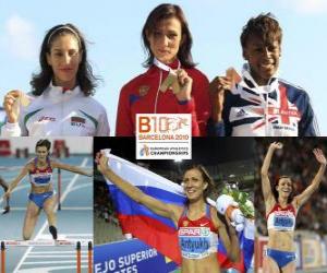 puzzel Natalia Antiuj kampioen 400 m horden, Vania Stambolova en een trilsignaal-Drayton Perri (2e en 3e) van het Europees Kampioenschap Atletiek 2010 in Barcelona