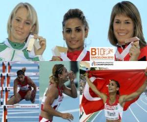 puzzel Nevin Yanit kampioen op de 100m horden, Derval O'Rourke en Carolin Nytra (2e en 3e) van het Europees Kampioenschap Atletiek 2010 in Barcelona