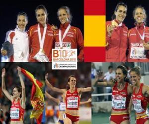 puzzel Nuria Fernandez kampioen op 1500 meter, Hind Dehiba en Natalia Rodriguez (2e en 3e) van het Europees Kampioenschap Atletiek 2010 in Barcelona