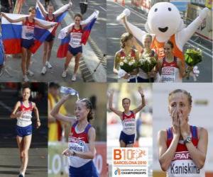 puzzel Olga Kaniskina kampioen 20 km snelwandelen, Anisia Kirdiapkina en Vera Sokolova (2e en 3e) van het Europees Kampioenschap Atletiek 2010 in Barcelona