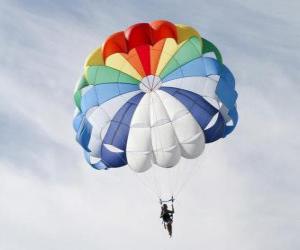 puzzel Parachutist naar beneden door de wolken in een parachute  of valscherm na het springen uit een vliegtuig