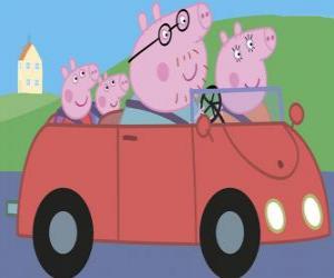 puzzel Peppa Pig met haar familie in de auto: Daddy Pig, mama Varken en George Varken, haar jonge broertje