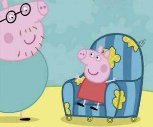 puzzel Peppa Pig zittend in de oude stoel van zijn vader