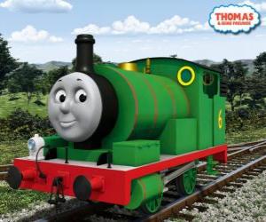 puzzel Percy, de jongste locomotief, groen gekleurd en met het nummer 6. Percy is de beste vriend van Thomas