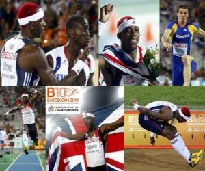 puzzel Phillips Idowu kampioen hinkstapspringen, Marian Oprea en Teddy Tamgho (2e en 3e) van het Europees Kampioenschap Atletiek 2010 in Barcelona