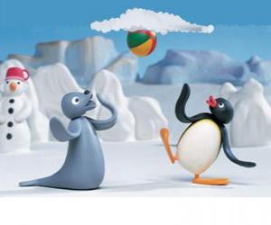 puzzel Pingu en Robby De Zeehond spelen met de slee