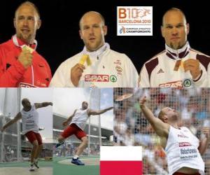 puzzel Piotr Malachowski kampioen discuswerpen, Piotr Malachowski en Robert Fazekas (2e en 3e) van het Europees Kampioenschap Atletiek 2010 in Barcelona