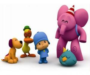 puzzel Pocoyo en zijn vrienden Pato, Elly, Loula en Sleepy Bird