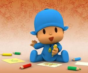 puzzel Pocoyo zittend op de vloer en het maken van een tekening op een vel papier