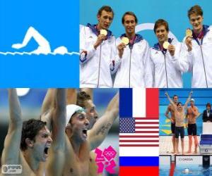 puzzel Podium 4 X 100 m vrij man, Frankrijk, Verenigde Staten en Rusland - Londen 2012 - zwemmen