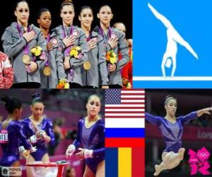 puzzel Podium artistieke gymnastiek eventing door vrouwelijke team, Verenigde Staten, Rusland en Roemenië - Londen 2012-