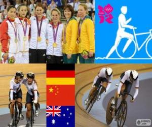 puzzel Podium fietsen track vrouwen team sprint, Kristina Vogel, Miriam Welte (Duitsland), Gong Jinjie, Guo Shuang (China) en Kaarle McCulloch, Anna Meares (Australië) - Londen 2012-