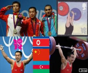 puzzel Podium Gewichtheffen 56 kg mannen, Om Yun-Chol (Noord-Korea), Wu Jingbao (China) en Valentin Hristov (Azerbeidzjan) - Londen 2012-