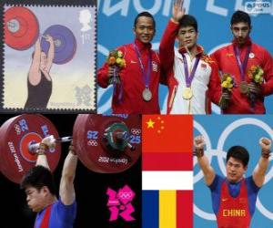 puzzel Podium Gewichtheffen Mannen 69 kg, Lin Qingfeng (China), Triyatno Triyatno (Indonesië) en Constantin Martin (Roemenië) - Londen 2012 -