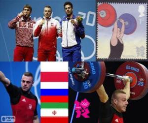puzzel Podium Gewichtheffen Mannen 85 kg, Adrian Frantsevich (Polen), fitness Aujadov (Rusland) en (Iran) - Londen 2012 - Andranik Rostami