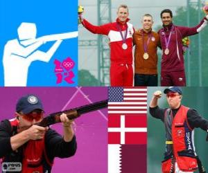 puzzel Podium in mannen, Skeet schieten, Vincent Hancock (Verenigde Staten), Anders Golding (Denemarken) en Nasser Al - Attiyah (Qatar) - Londen 2012-