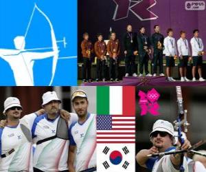 puzzel Podium mannen boogschieten teams, Italië, Verenigde Staten en Korea in het zuiden - Londen 2012-