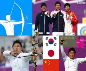 puzzel Podium mannen boogschieten individueel, Oh Jin-Hyek (Zuid-Korea), Takaharu Furukawa (Japan) en componist Dai (China) - Londen 2012-