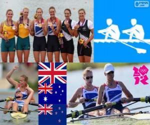 puzzel Podium roeien vrouwen stuurman, Helen Glover, Heather Stanning (Verenigd Koninkrijk), Kate Hornsey, Sarah Tait (Australië) en Juliette Haigh, Rebecca Scown (Nieuw-Zeeland) - Londen 2012 -