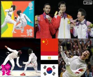 puzzel Podium schermen mannen individueel floret, Lei Sheng (China), Abuelkasem Alaaeldi (Egypte) en Choi Byung-Chul (Zuid Korea) - Londen 2012-