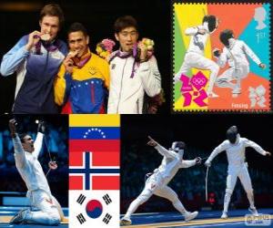 puzzel Podium schermen mannen individueel degen, Rubén Limardo Gascón (Venezuela), Bartosz Piasecki (Noorwegen) en Jung Jin-Sun (Zuid Korea) - Londen 2012 -