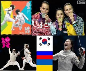 puzzel Podium schermen vrouwen individueel sabel, Kim Ji-Yeon (Zuid-Korea), Sofia Velikaja (Rusland) en Olga Jarlan (Oekraïne) - Londen 2012-