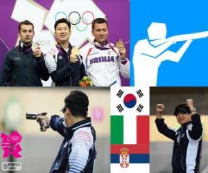 puzzel Podium schieten, mannen 10 m luchtpistool, Jin Jingoh (Zuid-Korea), Luca Tesconi (Italië) en Andrija Zlatic (Servië)