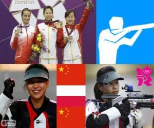 puzzel Podium schieten, vrouwen 10 m luchtgeweer, Yi Siling (China), gemakkelijk Bogacka (Polen) en Yu Dan (China)