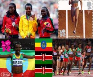 puzzel Podium vrouwelijke Atletiek 10.000 m, Tirunesh Dibaba (Ethiopië), Sally Kipyego en Vivian Cheruiyot (Kenia) - Londen 2012-
