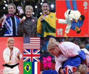puzzel Podium vrouwelijke Judo - 78 kg, Kayla Harrison (Verenigde Staten), Gemma Gibbons (Verenigd Koninkrijk) en Mayra Aguiar (Brazilië), Audrey (Frankrijk) - Londen 2012 - Tcheumeo