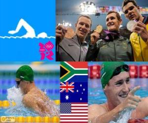 puzzel Podium zwemmen 100 m mannen schoolslag, Cameron van der Burgh (Zuid-Afrika), Christian Sprenger (Australië) en Brendan Hansen (Verenigde Staten) - Londen 2012 - stijl