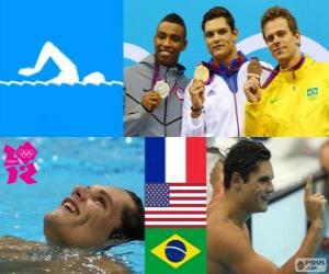 puzzel Podium zwemmen mannen 50 meter vrije slag, Florent Manaudou (Frankrijk), Cullen Jones (Verenigde Staten) en César Cielo (Brazilië) - Londen 2012-