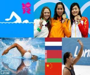 puzzel Podium zwemmen vrouwen 100 meter vrije slag, Ranomi Kromowidjojo (Nederland), Aliaxandra Herasimenia (Wit-Rusland) en Tang Yi (China) - Londen 2012-