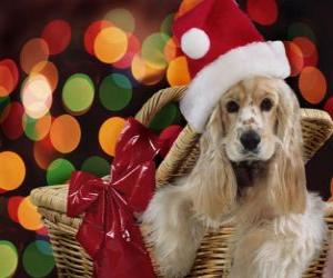 puzzel Puppy met Santa Claus hoed in een mandje