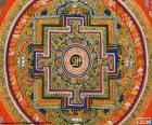 Een mandala is een spirituele en rituele symbool in het Hindoeïsme en het boeddhisme. In deze afbeelding een mandala Tibetaans