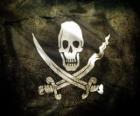 Calico Jack piraat vlag, twee zwaarden in saltire en een schedel