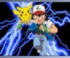 Ash, Pokemon trainer met zijn eerste Pokemon Pikachu