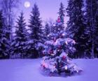 Kerst bomen in een besneeuwd landschap met de maan aan de hemel