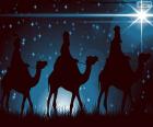 De drie koningen op hun kamelen op de weg geleid door de Ster van Bethlehem