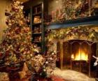 Fireplace in Christmas with Christmas decorations