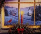 Kerstmis sleeën verlicht voor een raam