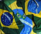De vlag van Brazilië wordt gevormd door een rechthoek groene, een gele ruit, een cirkel met een band met het motto "ORDEM E PROGRESSO" en 27 sterren van kleur wit wit blauw