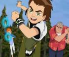 Ben 10 met de vreemdeling horloge Omnitrix op zijn pols naast zijn nichtje Gwen en hun grootvader Max