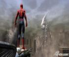 Spiderman, op de top van een gebouw door het regelen van de stad